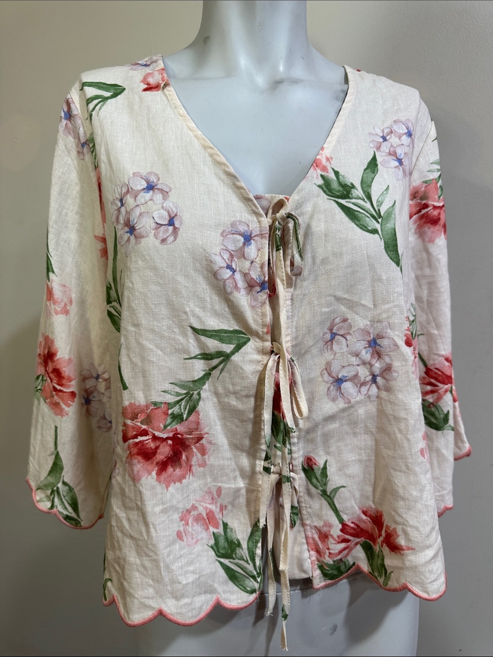 Laura Ashley cropped Floral Tie-Front Linen Blend Top /blouse scallop hem shirt